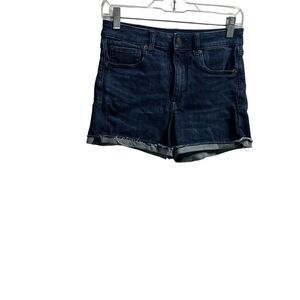 American Eagle Womens Super Hi Rise Shortie Shorts Size 6 Blue Denim Frayed